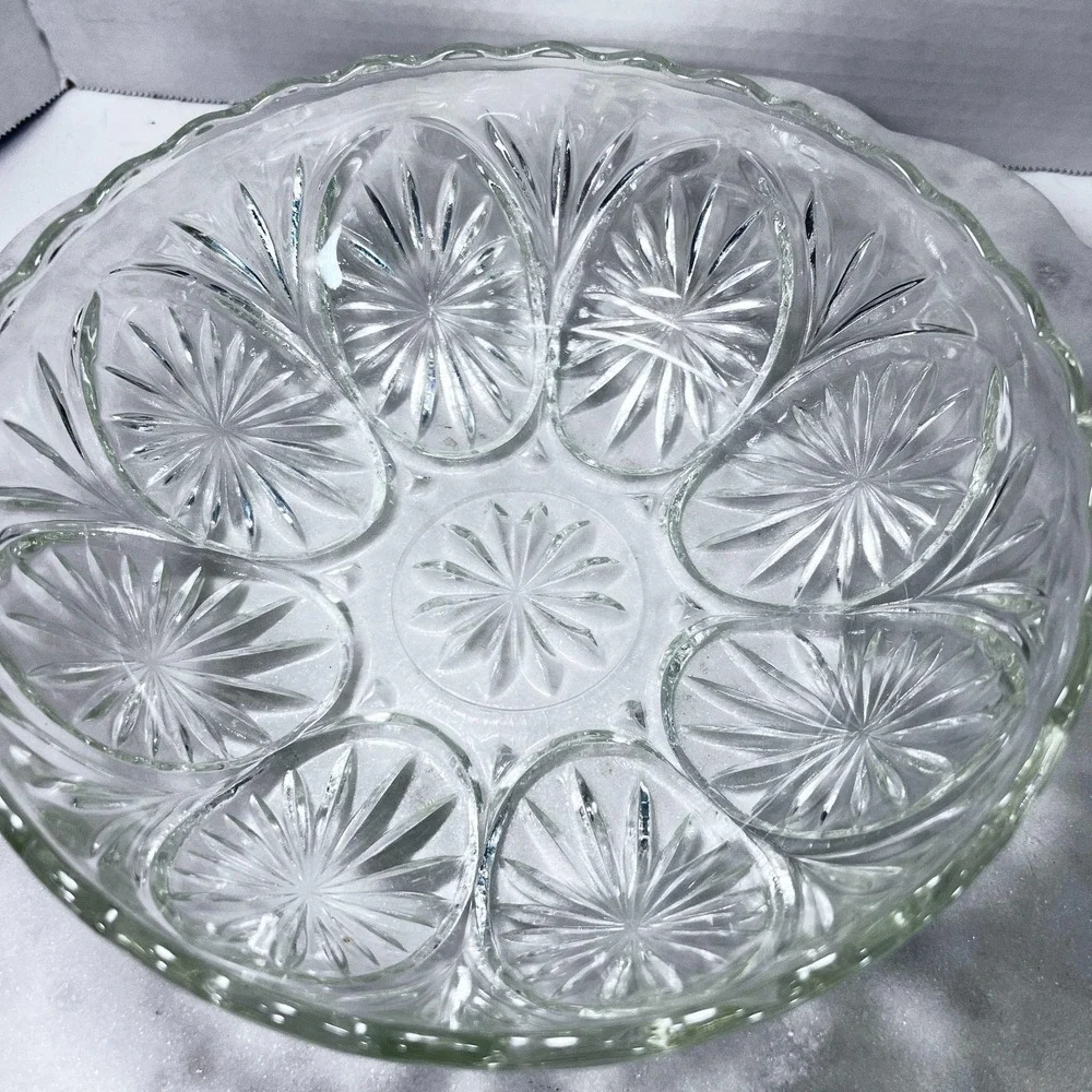 Vtg 60s Clear Pressed Glass Serving Bowl Starburst Design Mid Century Modern‎